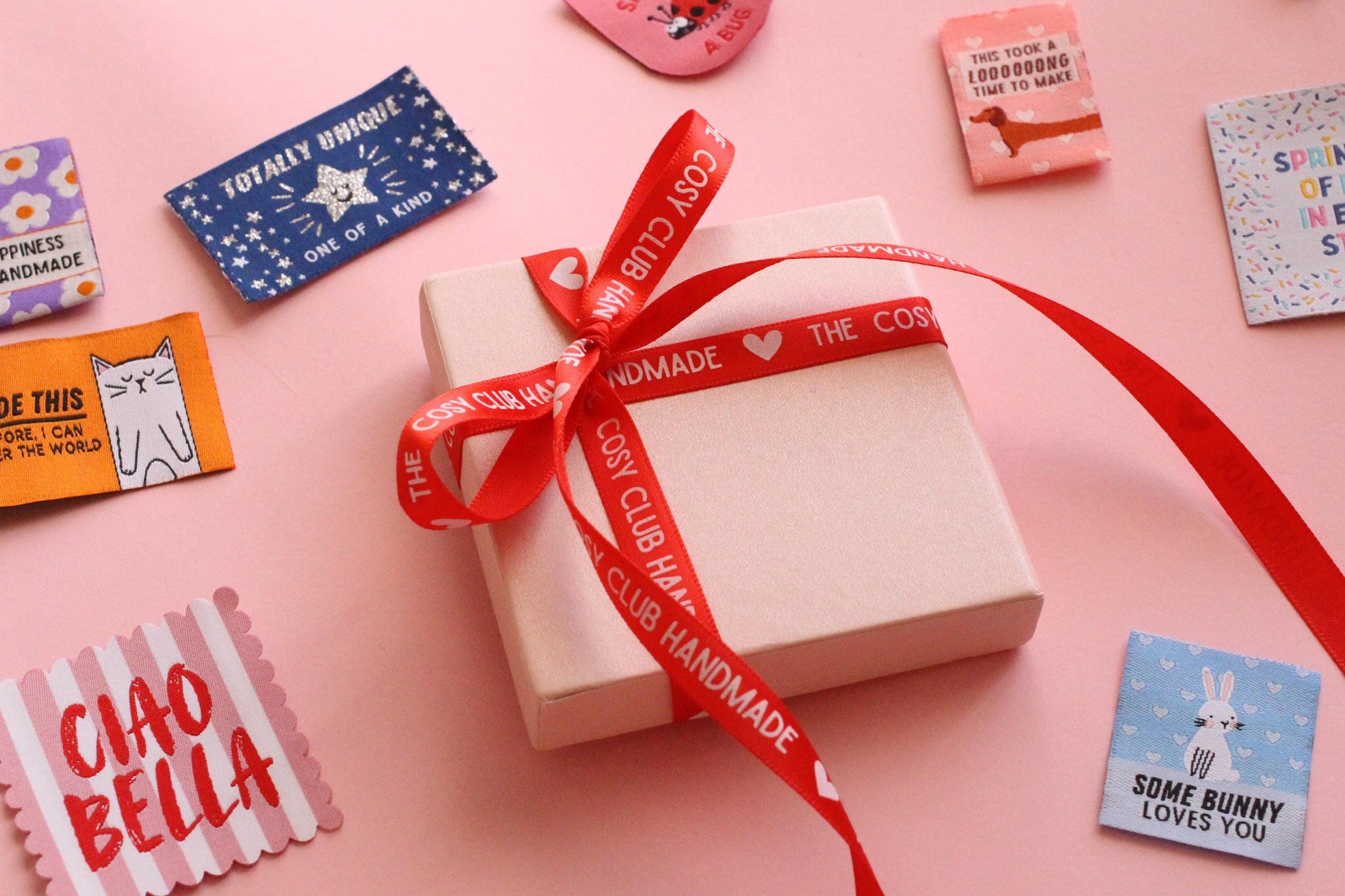 LIMITED EDITION Sewing Labels Gift Set | 18 woven sewing labels in reusable gift box. Gift set for sewists, crafts, quilt tags, labels gifts - The Cosy Club Handmade