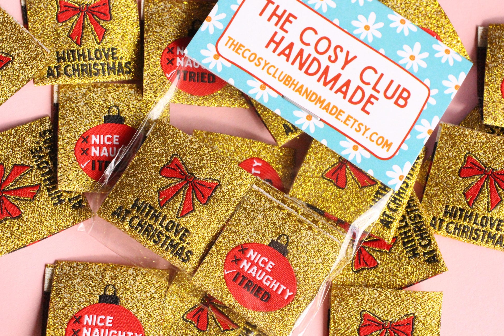 WITH LOVE, AT CHRISTMAS | Sparkly Gold Christmas Woven Sewing Labels (6 Pack) - The Cosy Club Handmade
