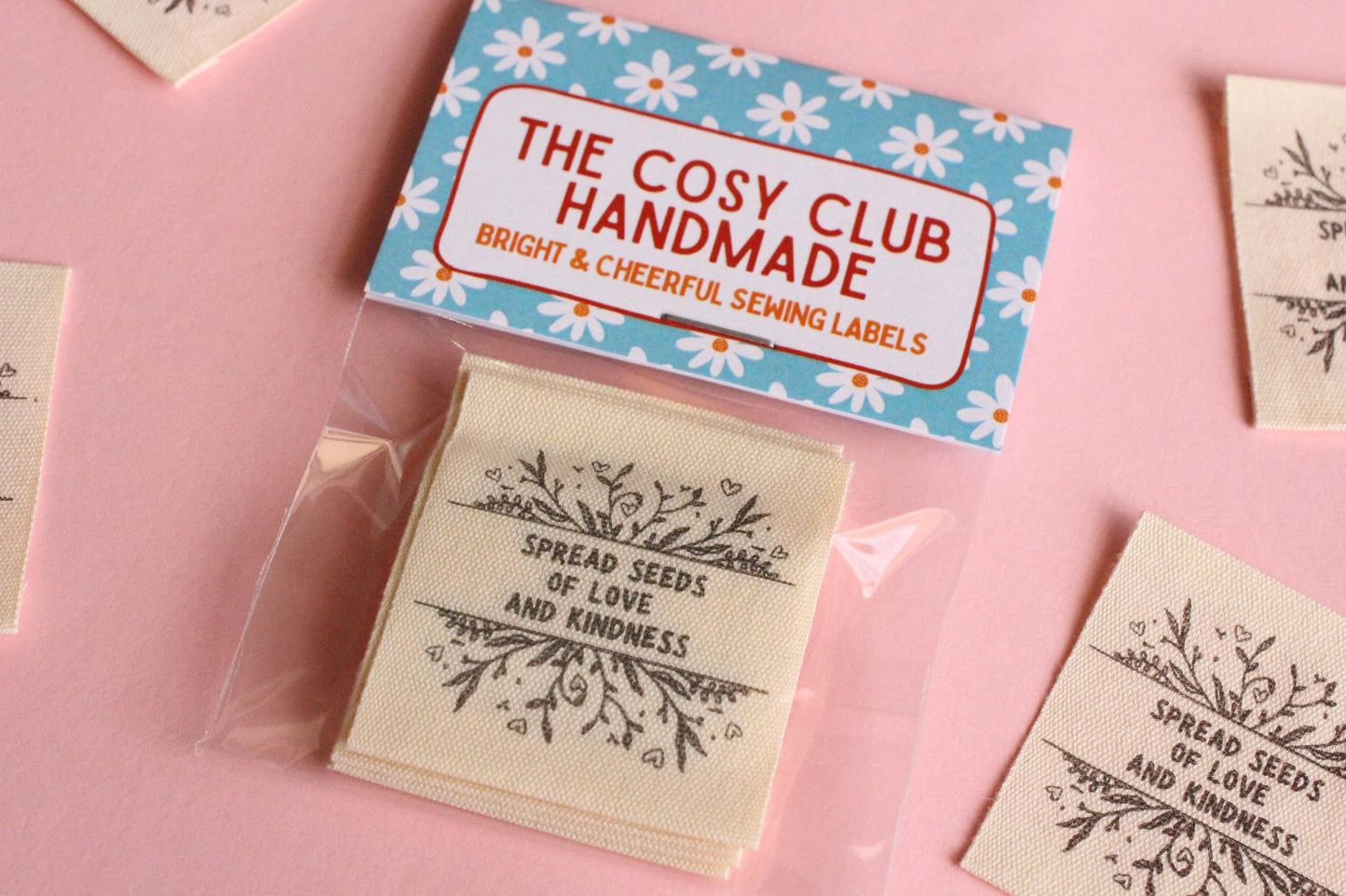 Organic Cotton Sewing Labels – Pack of 6 Unbleached “Spread Seeds of Love and Kindness” Tags, Eco-Friendly Labels for Knitting and Handmade - The Cosy Club Handmade