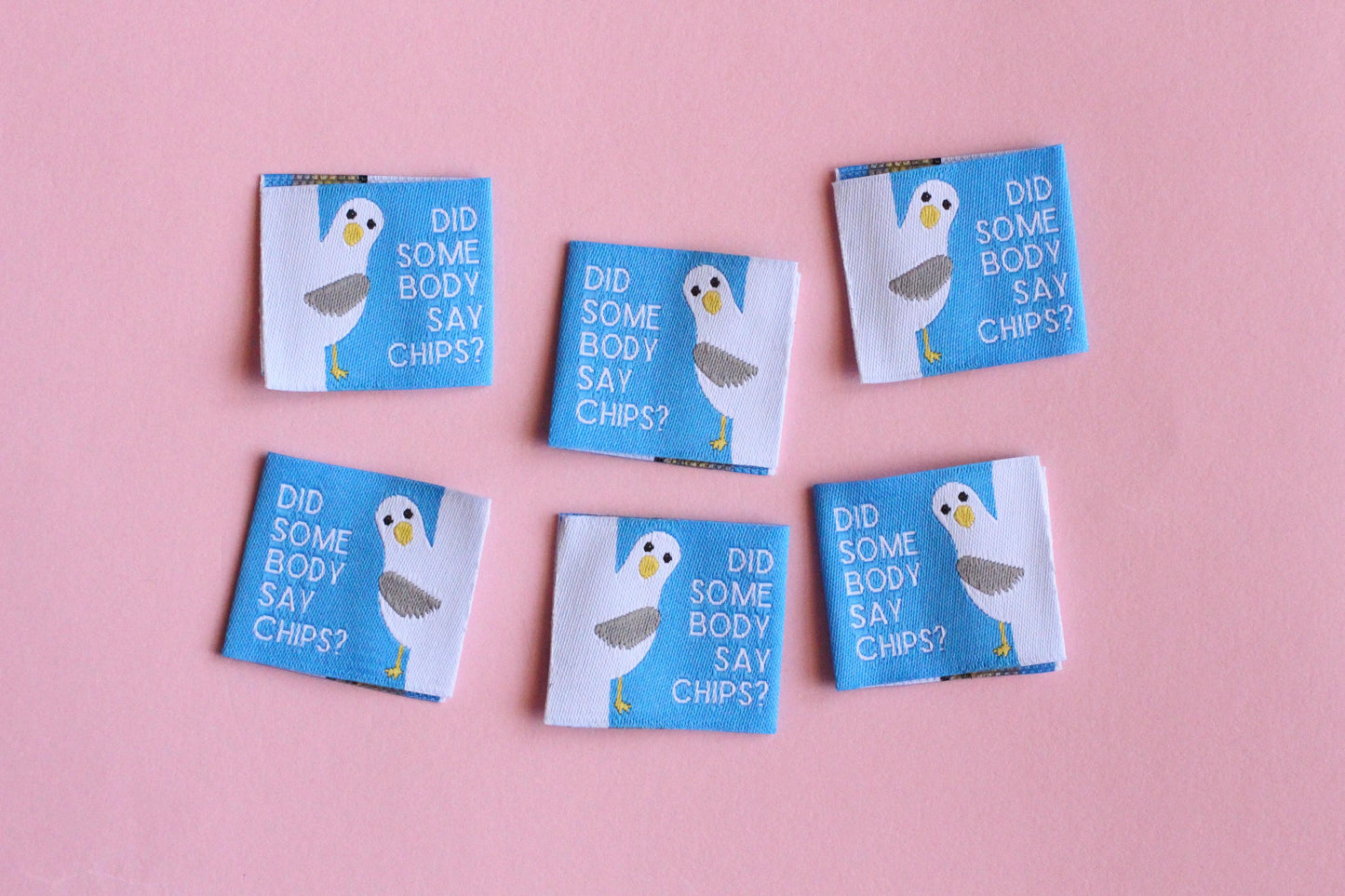 Funny Woven Sewing Labels – Pack of 6 Seagull “Did Somebody Say Chips?” Tags, Fabric Labels for Handmade Clothes & Quilting - The Cosy Club Handmade