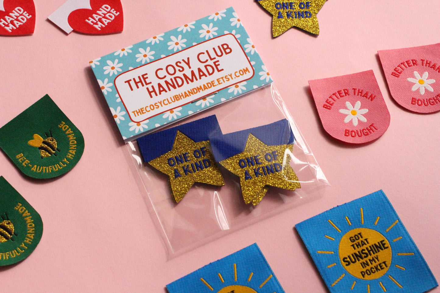 Star Sewing Labels: Metallic Gold "One of a Kind" Woven Tags (Pack of 4), Interfaced | Woven Sewing Labels for Handmade Gifts and Projects - The Cosy Club Handmade