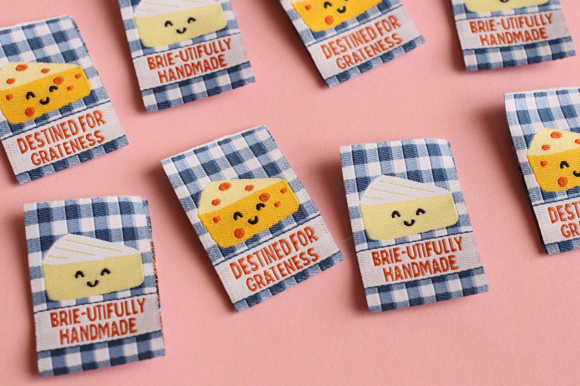 Cheese Woven Sewing Labels for Handmade – Pack of 6 Blue Gingham Punny Tags, “Brie-utifully Handmade / Destined for Grateness” - The Cosy Club Handmade