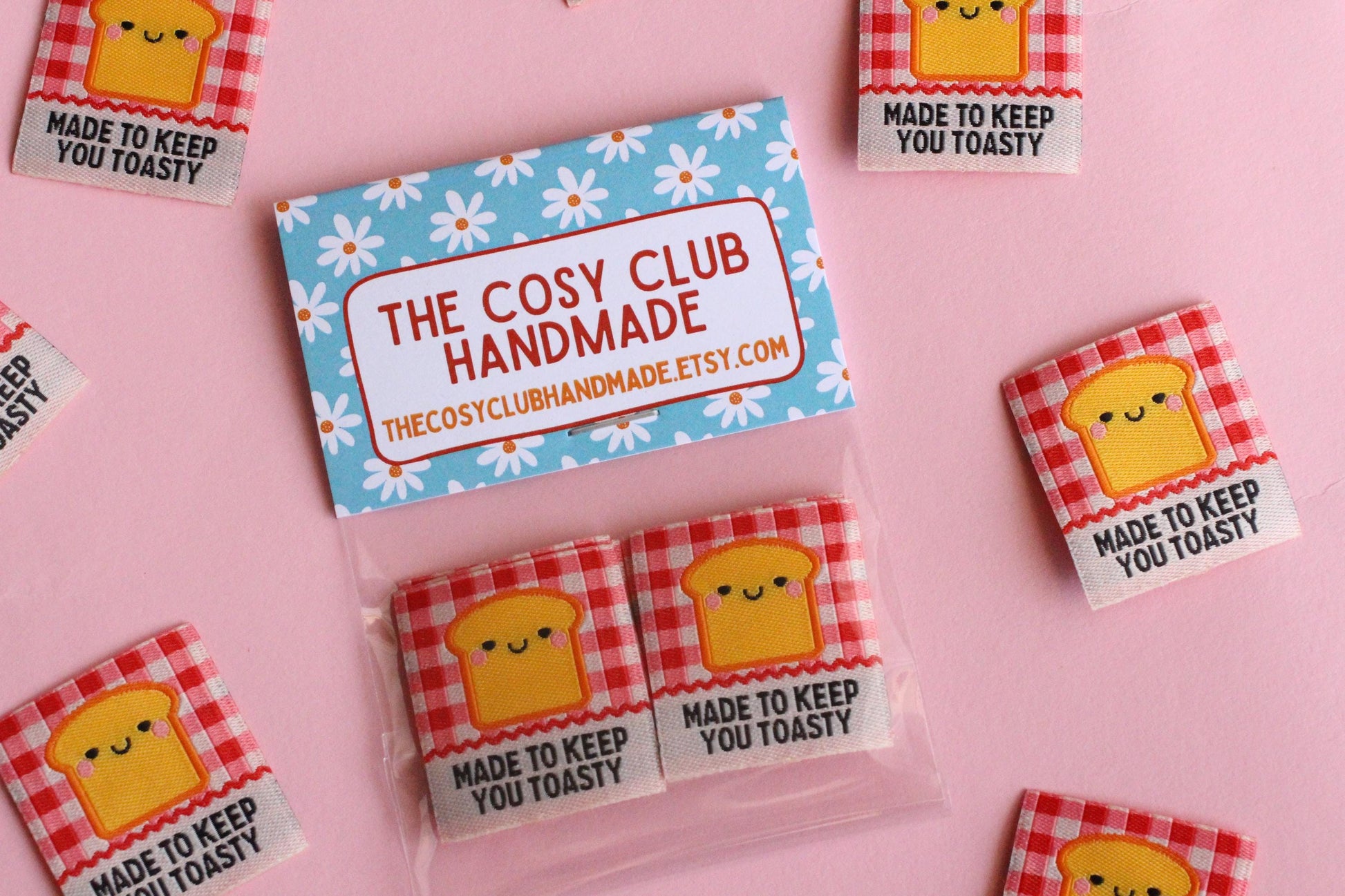 Red Gingham Woven Sewing Labels – Pack of 5 “Made to Keep You Toasty” Tags, Fun Fabric Labels for Handmade Clothes & Quilting - The Cosy Club Handmade