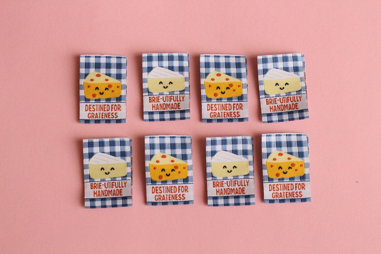 Cheese Woven Sewing Labels for Handmade – Pack of 6 Blue Gingham Punny Tags, “Brie-utifully Handmade / Destined for Grateness” - The Cosy Club Handmade