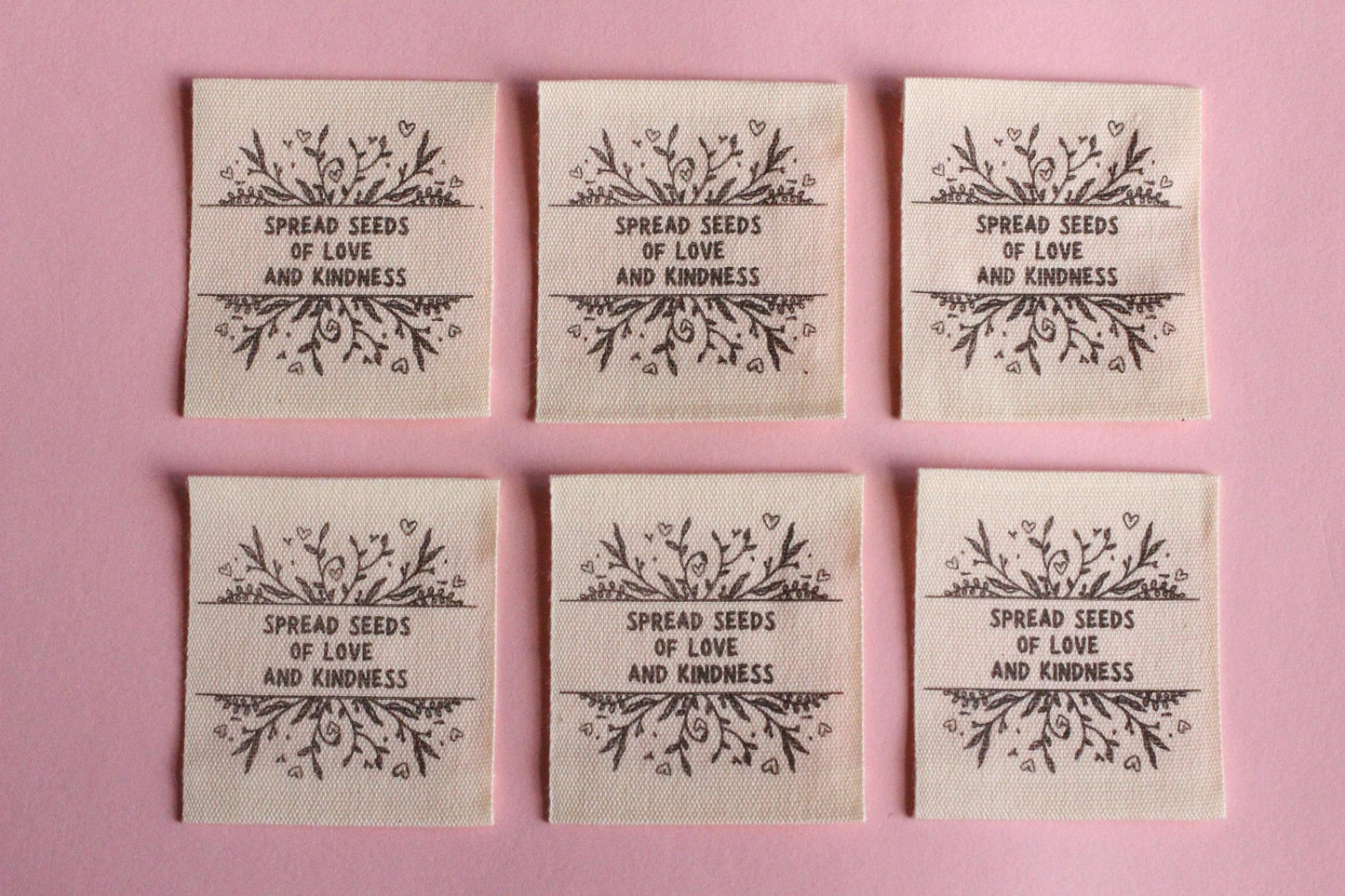 Organic Cotton Sewing Labels – Pack of 6 Unbleached “Spread Seeds of Love and Kindness” Tags, Eco-Friendly Labels for Knitting and Handmade - The Cosy Club Handmade