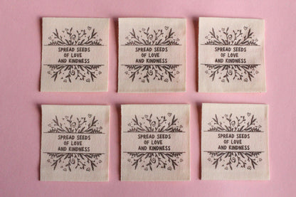 Organic Cotton Sewing Labels – Pack of 6 Unbleached “Spread Seeds of Love and Kindness” Tags, Eco-Friendly Labels for Knitting and Handmade - The Cosy Club Handmade