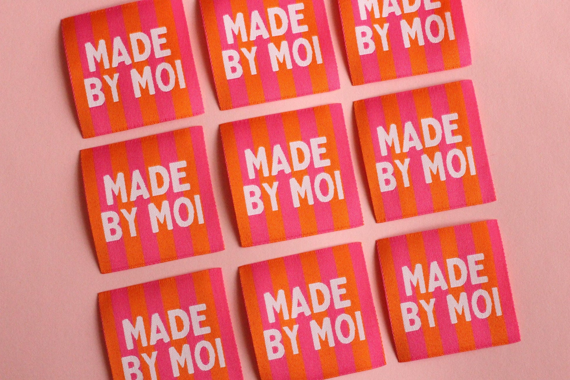 Woven Sewing Labels – Pink Orange Pack of 5 Labels “Made By Moi” Tags, Fun Clothing Labels for Handmade Projects, Knitting - The Cosy Club Handmade