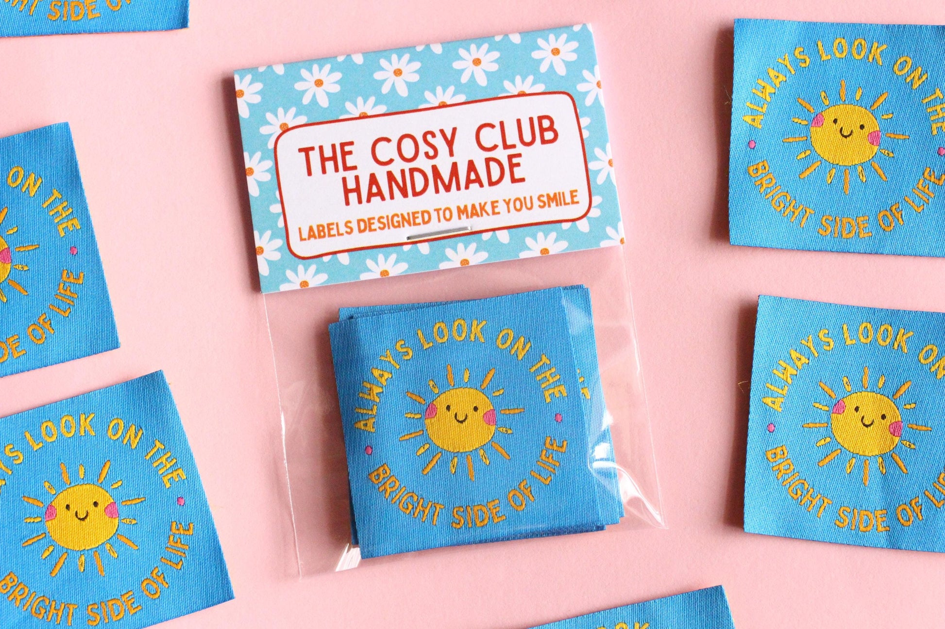 Woven Sewing Labels – Pack of 5 “Always Look On The Bright Side of Life” Tags, Cute Fabric Clothing Labels for Handmade Sewing Projects - The Cosy Club Handmade