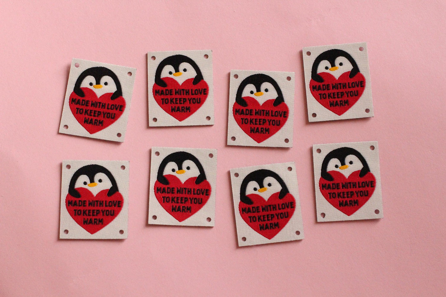 Woven KNITTING / CROCHET Labels – Pack of 5 “Made With Love To Keep You Warm” Interfaced Penguin Knitting Tags, Fabric Labels for Handmade - The Cosy Club Handmade