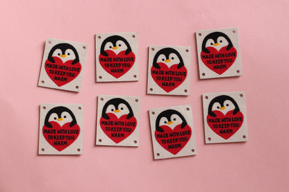 Woven KNITTING / CROCHET Labels – Pack of 5 “Made With Love To Keep You Warm” Interfaced Penguin Knitting Tags, Fabric Labels for Handmade - The Cosy Club Handmade