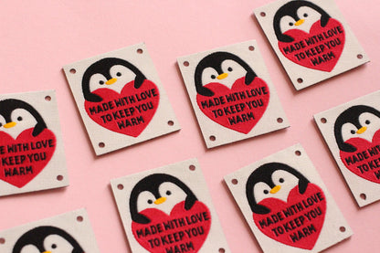 Woven KNITTING / CROCHET Labels – Pack of 5 “Made With Love To Keep You Warm” Interfaced Penguin Knitting Tags, Fabric Labels for Handmade - The Cosy Club Handmade