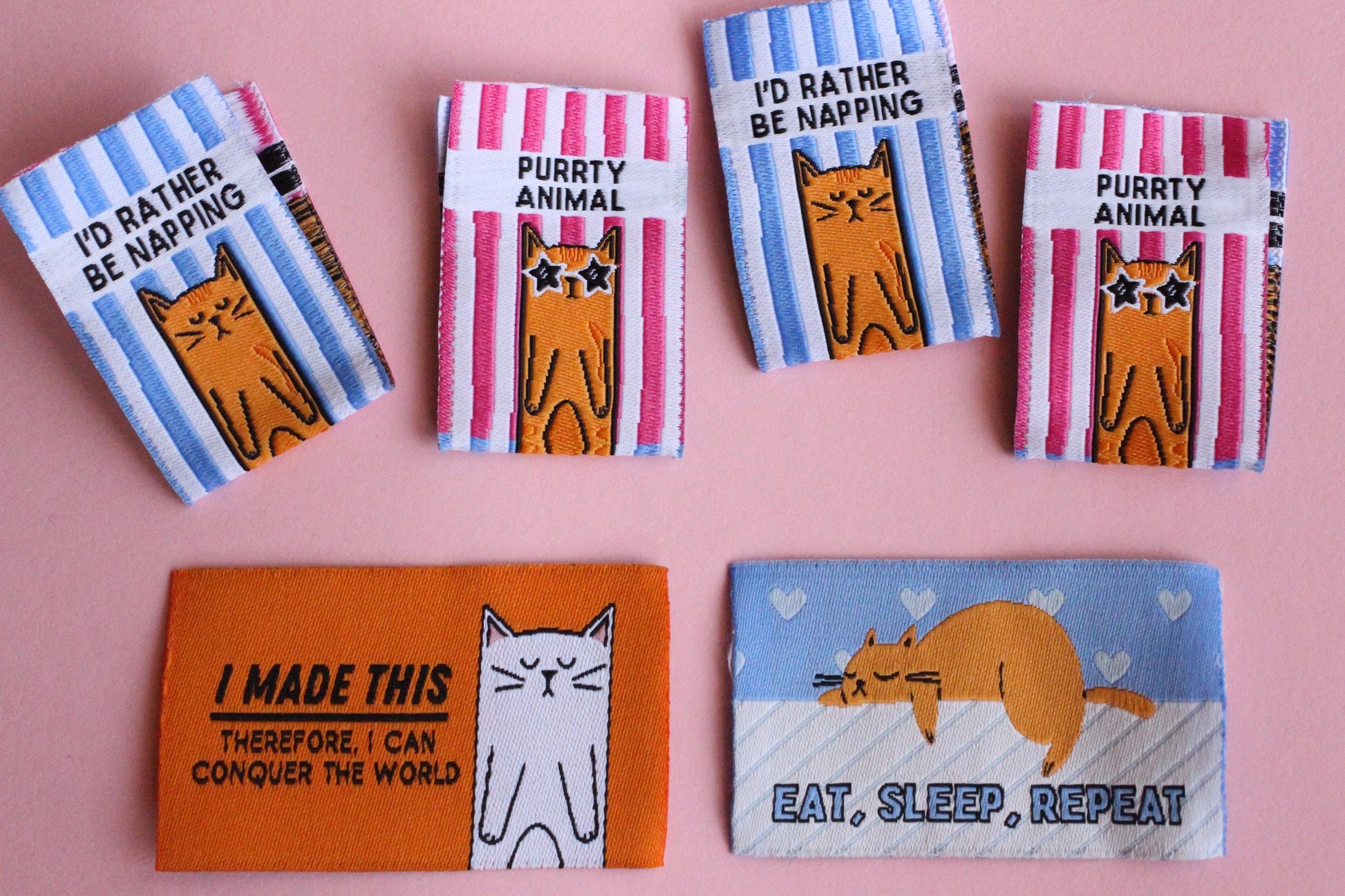 KITTY PACK | Pack of 6 cat themed woven sewing labels for handmade clothes/accessories "Size: Purrfect" "I'd Rather Be Napping" - The Cosy Club Handmade