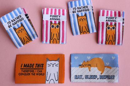 KITTY PACK | Pack of 6 cat themed woven sewing labels for handmade clothes/accessories "Size: Purrfect" "I'd Rather Be Napping" - The Cosy Club Handmade
