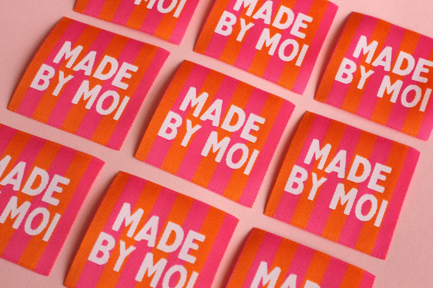 Woven Sewing Labels – Pink Orange Pack of 5 Labels “Made By Moi” Tags, Fun Clothing Labels for Handmade Projects, Knitting - The Cosy Club Handmade