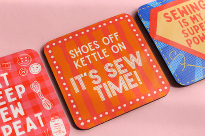 FUN SEWING COASTERS - Sewing themed coasters, Gifts for sewists, High quality hardboard coasters with a glossy top layer in 3 cute designs - The Cosy Club Handmade