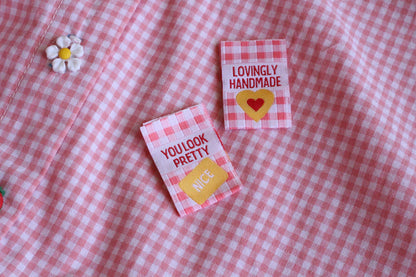 Sewing labels for handmade | Pack of 6 pink gingham woven sewing labels - "Lovingly Handmade" "You Look Pretty (Nice)" | Cute clothing tag - The Cosy Club Handmade