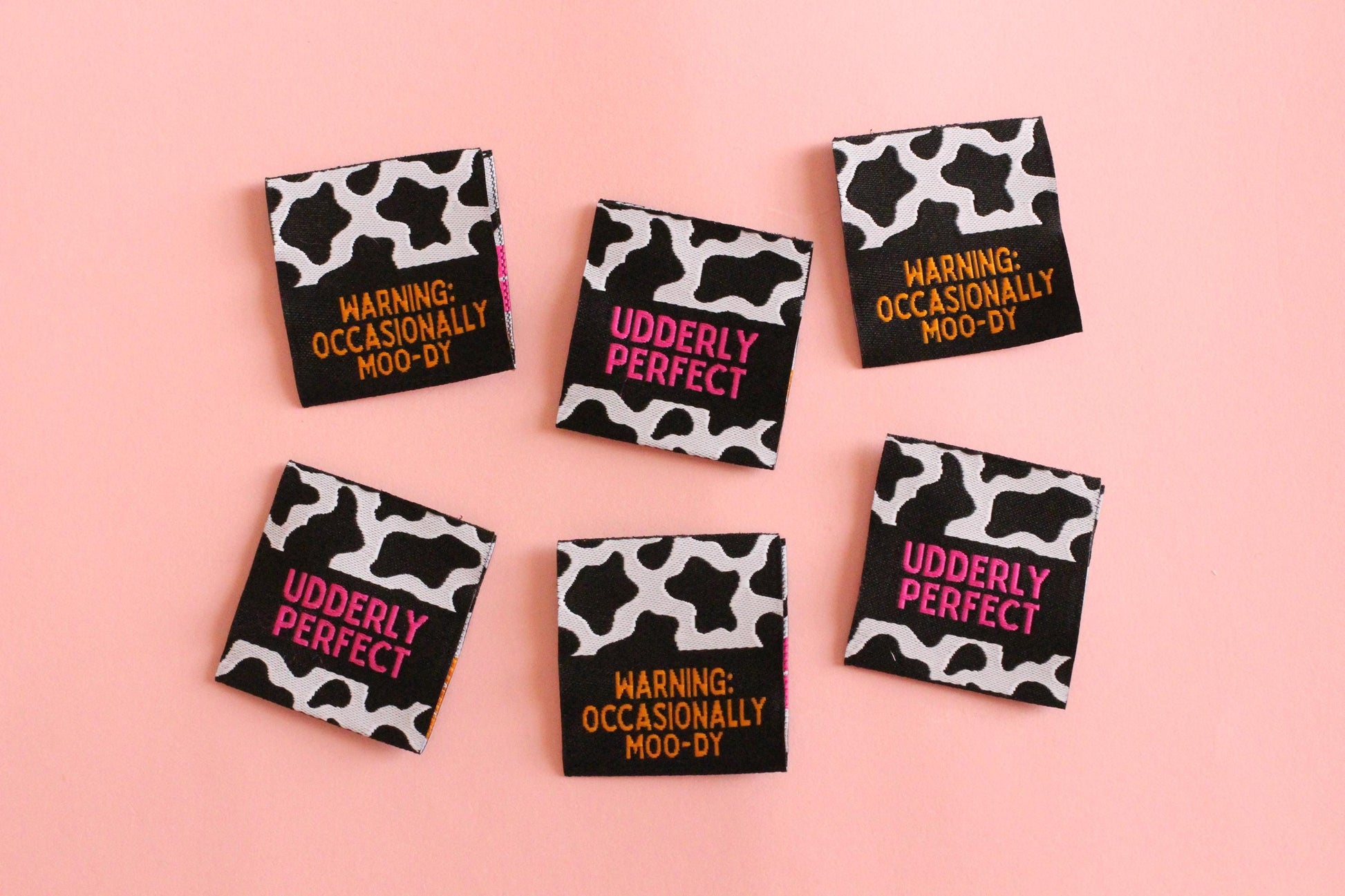 UDDERLY PERFECT / OCCASIONALLY MOO-DY | Cow Print Double Sided Woven Sewing Labels (6 Pack) - The Cosy Club Handmade