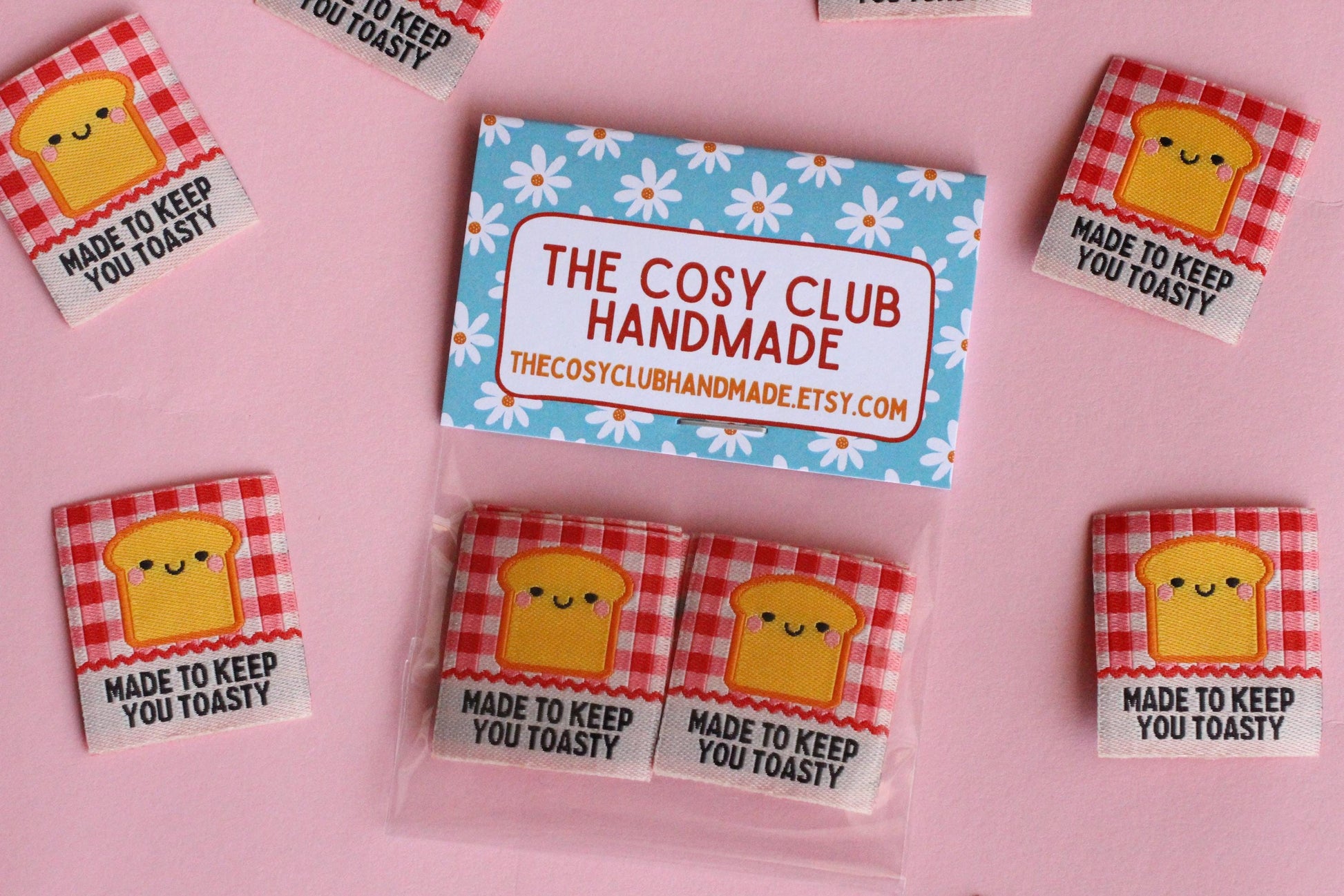 Red Gingham Woven Sewing Labels – Pack of 5 “Made to Keep You Toasty” Tags, Fun Fabric Labels for Handmade Clothes & Quilting - The Cosy Club Handmade
