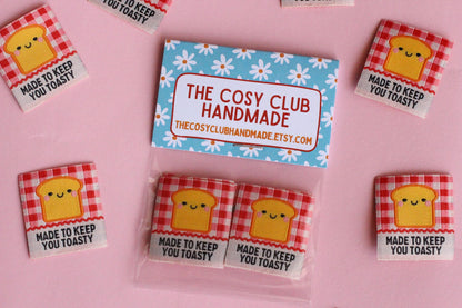 Red Gingham Woven Sewing Labels – Pack of 5 “Made to Keep You Toasty” Tags, Fun Fabric Labels for Handmade Clothes & Quilting - The Cosy Club Handmade