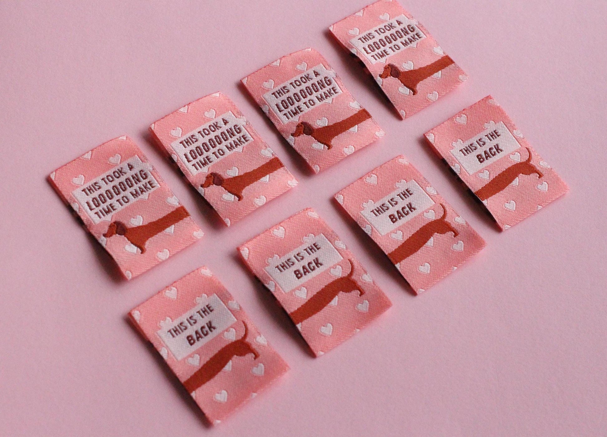 Woven Sewing Labels for Handmade Clothes – Pack of 6 Pink Sausage Dog Tags, “This Took A Long Time To Make” & “This Is the Back” - The Cosy Club Handmade