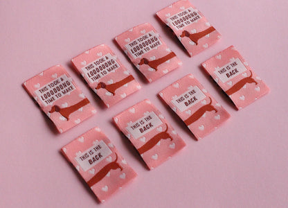 Woven Sewing Labels for Handmade Clothes – Pack of 6 Pink Sausage Dog Tags, “This Took A Long Time To Make” & “This Is the Back” - The Cosy Club Handmade