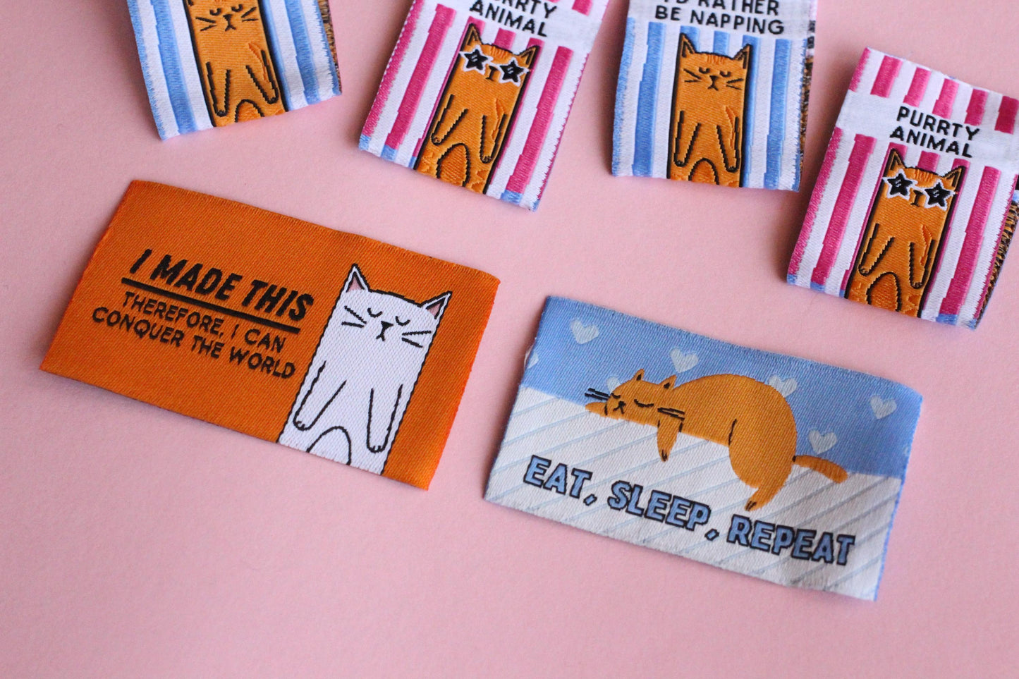 KITTY PACK | Pack of 6 cat themed woven sewing labels for handmade clothes/accessories "Size: Purrfect" "I'd Rather Be Napping" - The Cosy Club Handmade