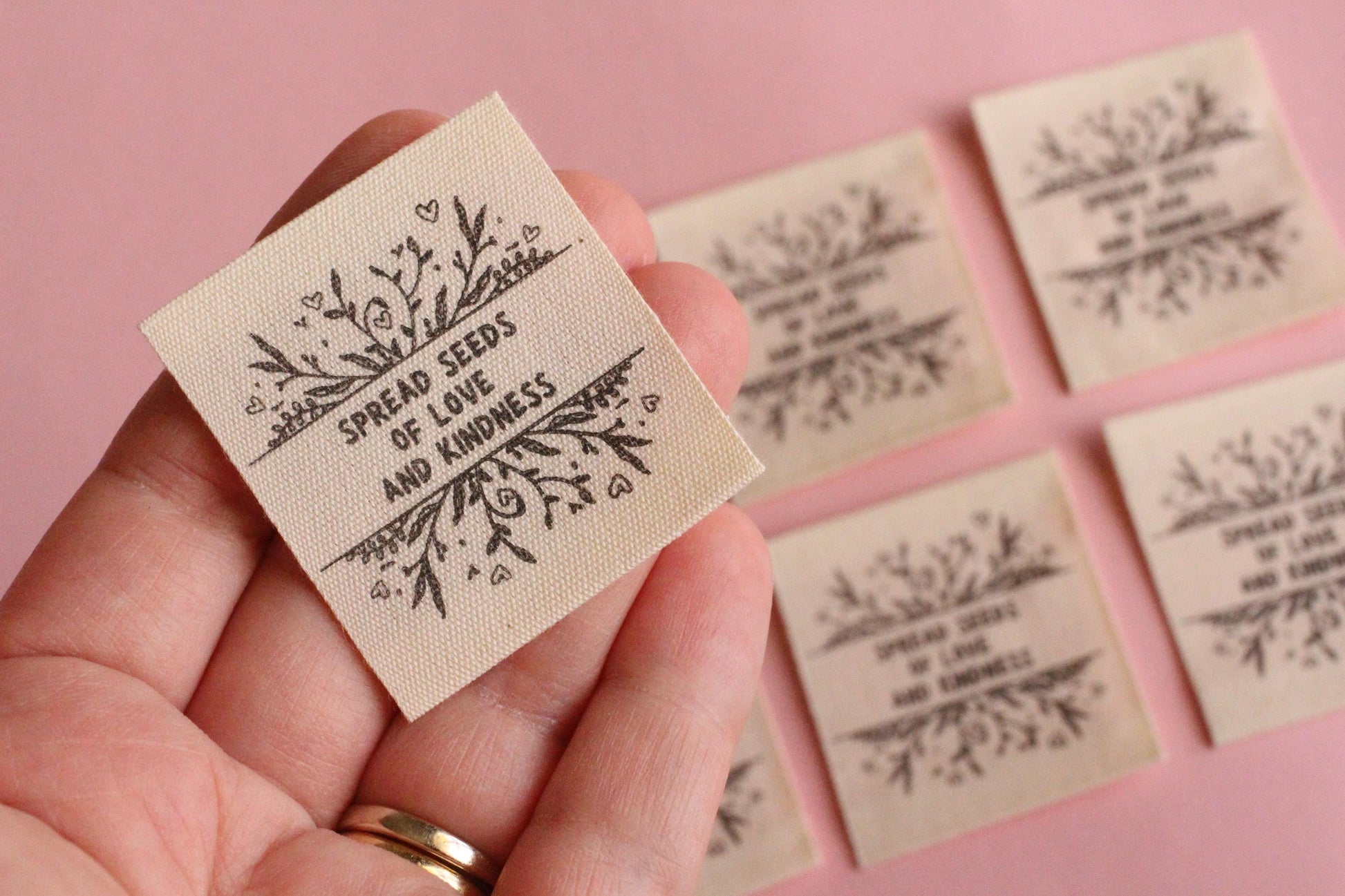 Organic Cotton Sewing Labels – Pack of 6 Unbleached “Spread Seeds of Love and Kindness” Tags, Eco-Friendly Labels for Knitting and Handmade - The Cosy Club Handmade