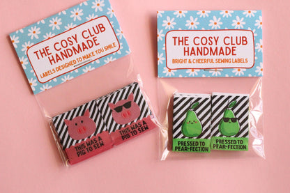 Double Sided Woven Sewing Labels | The Cosy Club Handmade x Adam Sews "Pressed to Pear-fection" "This was a Pig to Sew" Tags for Handmade - The Cosy Club Handmade