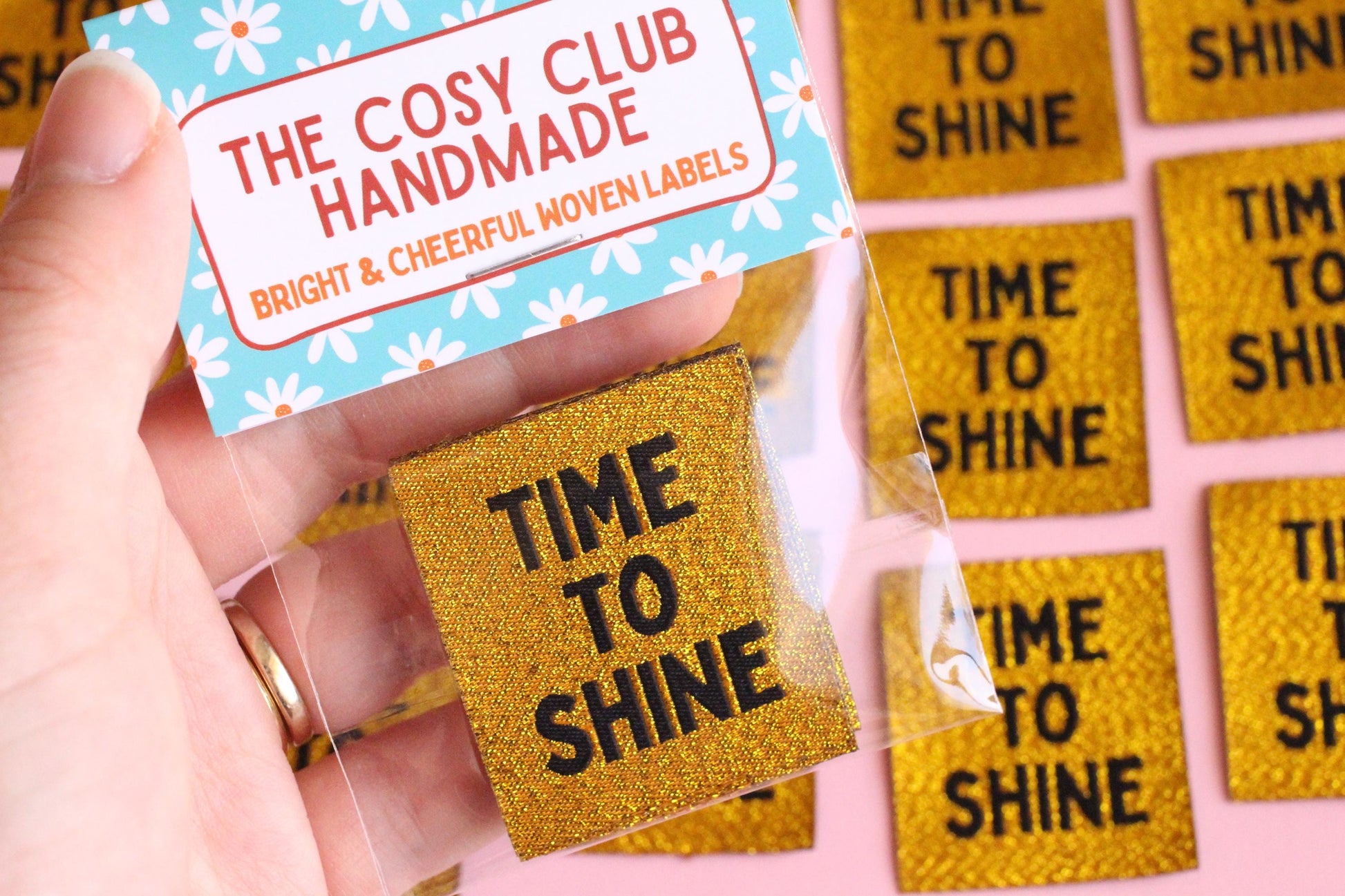 Metallic Gold Woven Sewing Labels – Pack of 5 “Time to Shine” Tags, Shiny Clothing Labels for Handmade Knitting, Crochet & Quilting - The Cosy Club Handmade
