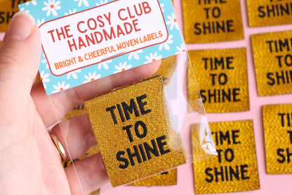 Metallic Gold Woven Sewing Labels – Pack of 5 “Time to Shine” Tags, Shiny Clothing Labels for Handmade Knitting, Crochet & Quilting - The Cosy Club Handmade