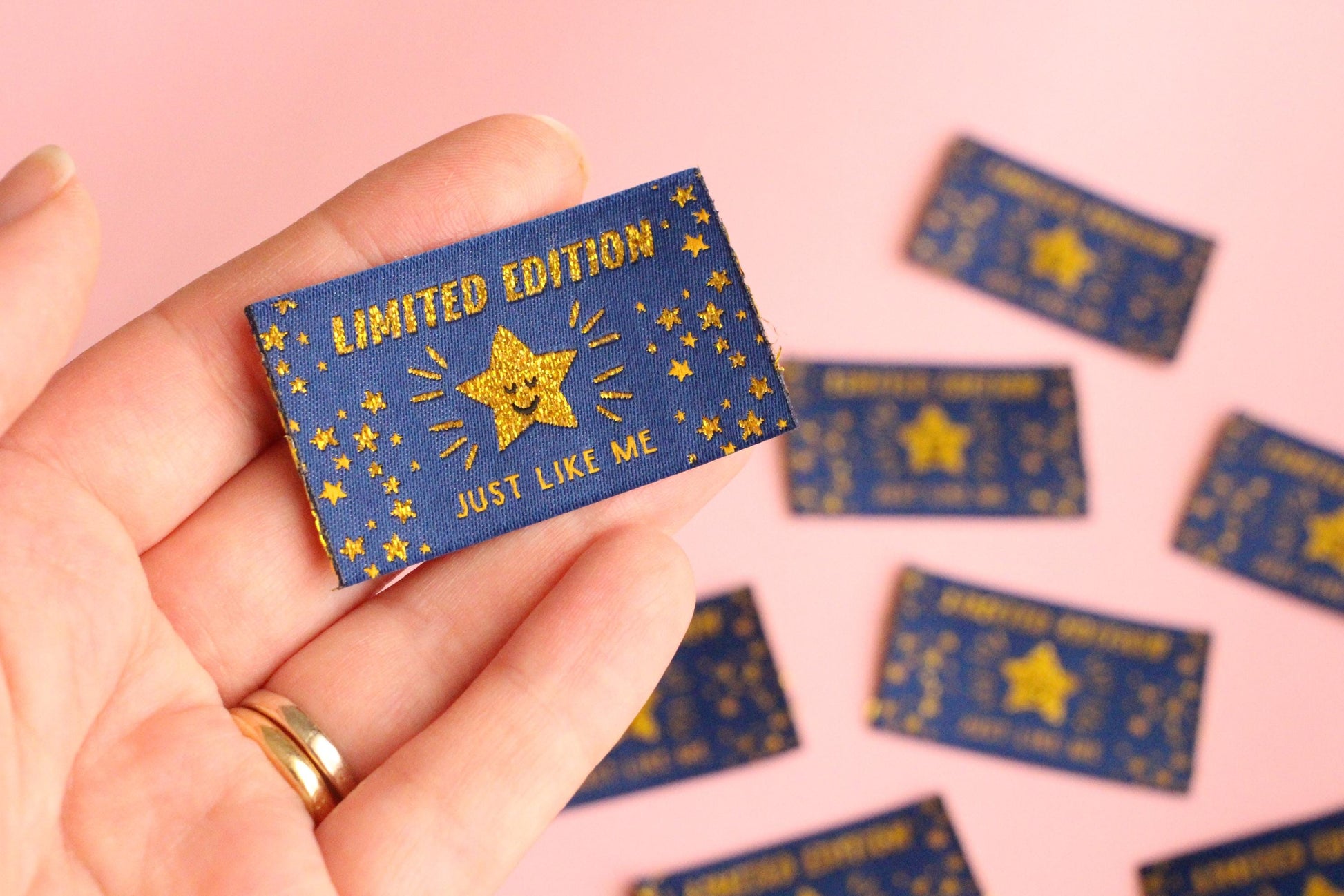 LIMITED EDITION | JUST LIKE ME Gold Star Flat Woven Sewing Labels (5 Pack) - The Cosy Club Handmade