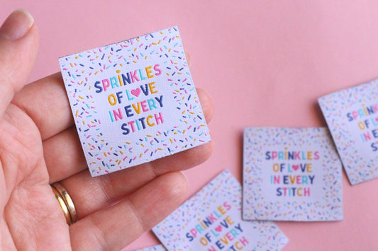 Woven Sewing Labels – Pack of 5 “Sprinkles of Love in Every Stitch” Tags, Cute Fabric Clothing Labels for Handmade Sewing Quilting Projects - The Cosy Club Handmade