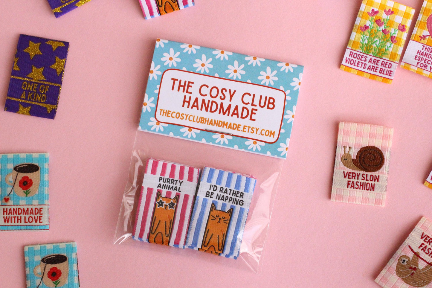 PURRTY ANIMAL | I'D RATHER BE NAPPING Cat Double Sided Woven Sewing Labels (6 Pack) - The Cosy Club Handmade