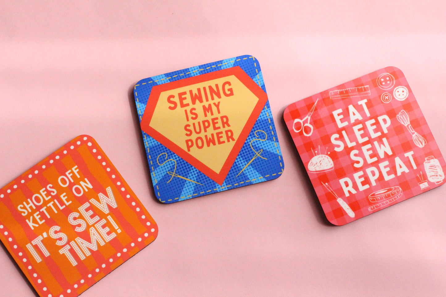 FUN SEWING COASTERS - Sewing themed coasters, Gifts for sewists, High quality hardboard coasters with a glossy top layer in 3 cute designs - The Cosy Club Handmade