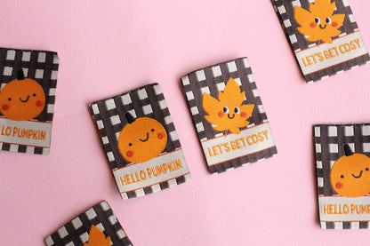 HELLO PUMPKIN / LET'S GET COSY | Autumn Fall Double Sided Woven Sewing Labels (6 Pack) - The Cosy Club Handmade