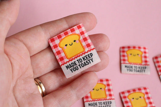 Red Gingham Woven Sewing Labels – Pack of 5 “Made to Keep You Toasty” Tags, Fun Fabric Labels for Handmade Clothes & Quilting - The Cosy Club Handmade