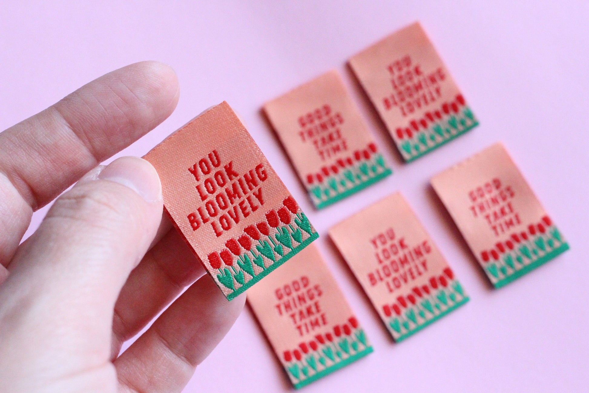 GOOD THINGS TAKE TIME / YOU LOOK BLOOMING LOVELY | Tulip Double Sided Woven Sewing Labels (6 Pack) - The Cosy Club Handmade
