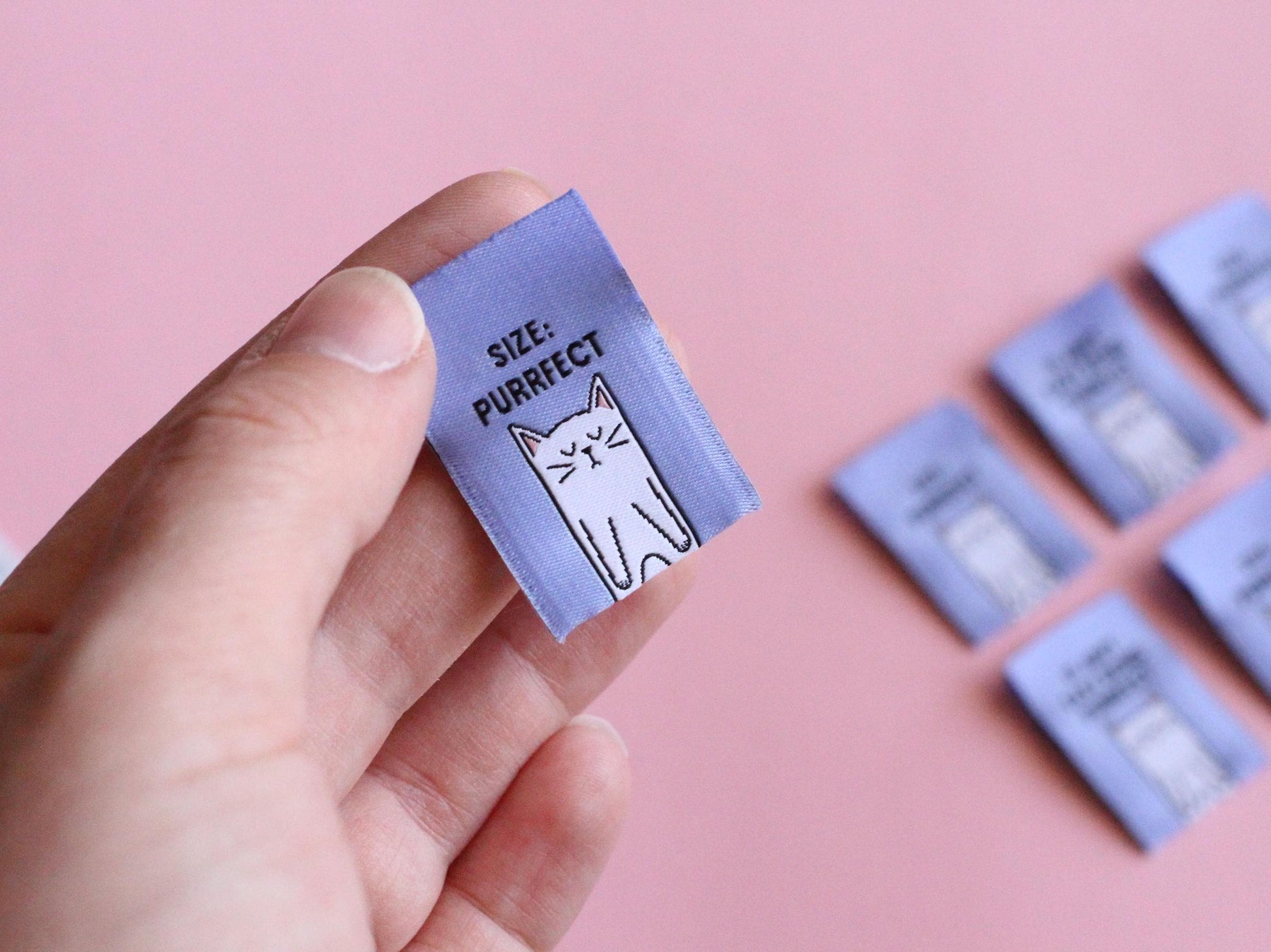 Cat Sewing Labels "Size: Purrfect" Woven Clothing Tags - Pack of 6 Double Sided Soft Woven Sewing Labels for Handmade Projects, Crochet, Fun - The Cosy Club Handmade