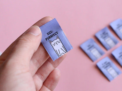 Cat Sewing Labels "Size: Purrfect" Woven Clothing Tags - Pack of 6 Double Sided Soft Woven Sewing Labels for Handmade Projects, Crochet, Fun - The Cosy Club Handmade