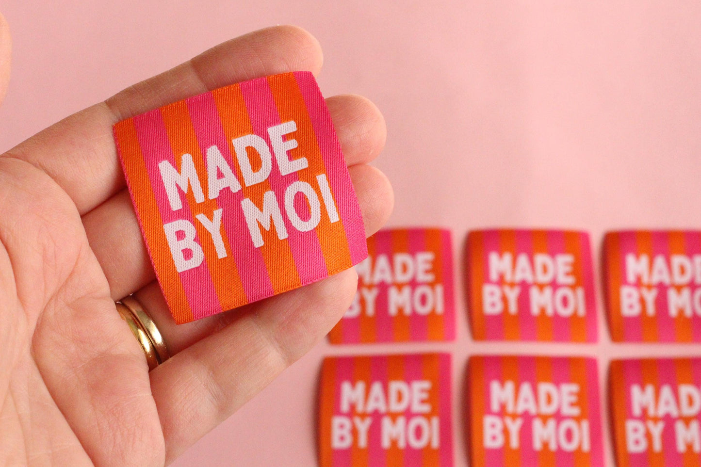 Woven Sewing Labels – Pink Orange Pack of 5 Labels “Made By Moi” Tags, Fun Clothing Labels for Handmade Projects, Knitting - The Cosy Club Handmade