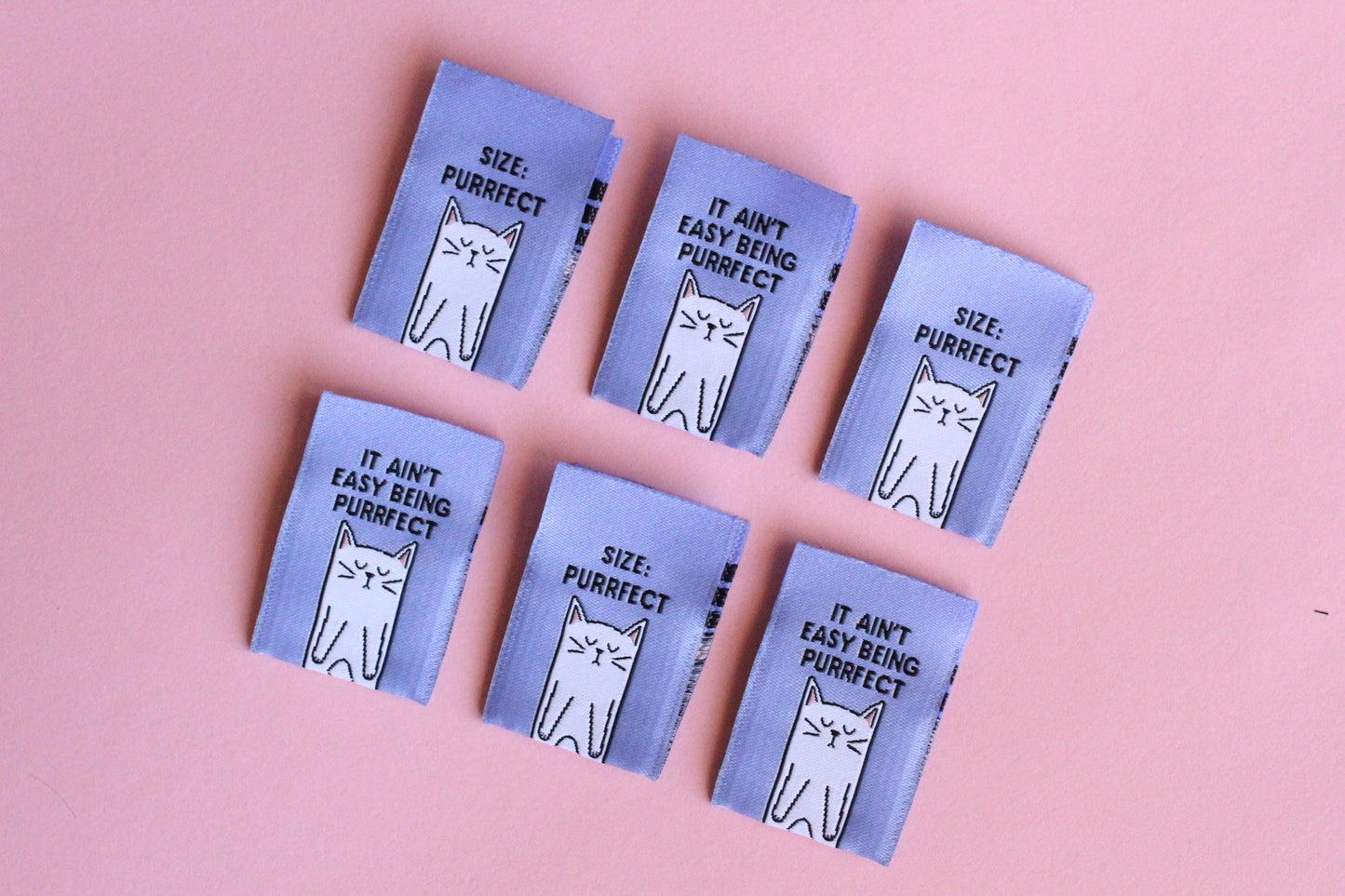 Cat Sewing Labels "Size: Purrfect" Woven Clothing Tags - Pack of 6 Double Sided Soft Woven Sewing Labels for Handmade Projects, Crochet, Fun - The Cosy Club Handmade