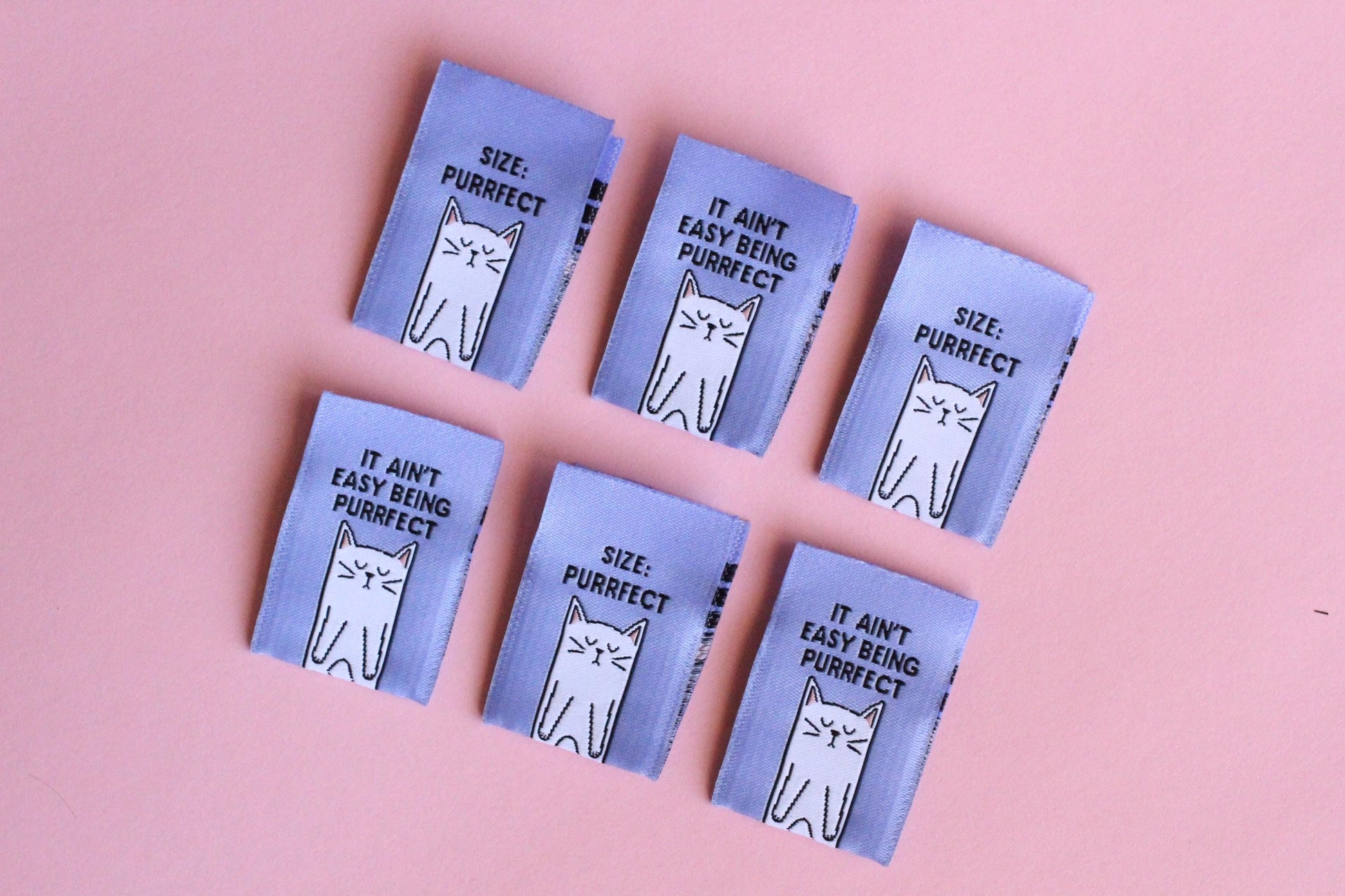 Cat Sewing Labels "Size: Purrfect" Woven Clothing Tags - Pack of 6 Double Sided Soft Woven Sewing Labels for Handmade Projects, Crochet, Fun - The Cosy Club Handmade