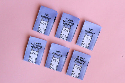 Cat Sewing Labels "Size: Purrfect" Woven Clothing Tags - Pack of 6 Double Sided Soft Woven Sewing Labels for Handmade Projects, Crochet, Fun - The Cosy Club Handmade