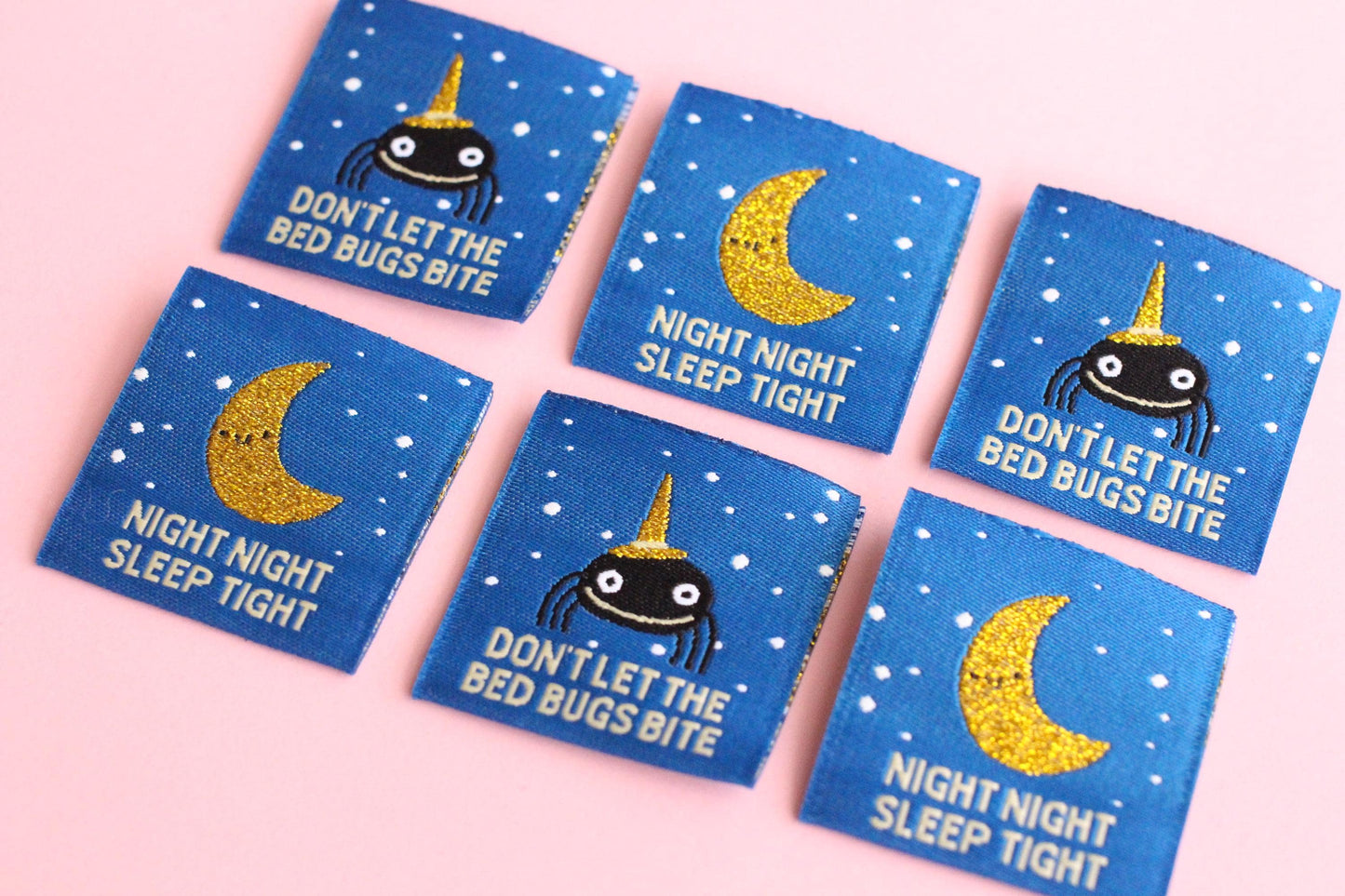 Pyjama Sewing Labels – Pack of 6 Double-Sided Fun Tags, Super Soft Labels for Handmade Projects "Night Night" "Don't Let the Bed Bugs Bite" - The Cosy Club Handmade