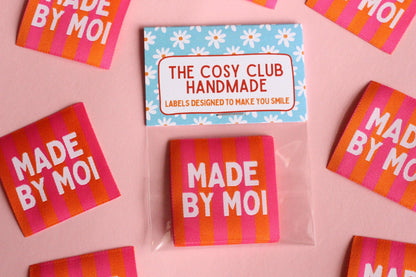 Woven Sewing Labels – Pink Orange Pack of 5 Labels “Made By Moi” Tags, Fun Clothing Labels for Handmade Projects, Knitting - The Cosy Club Handmade