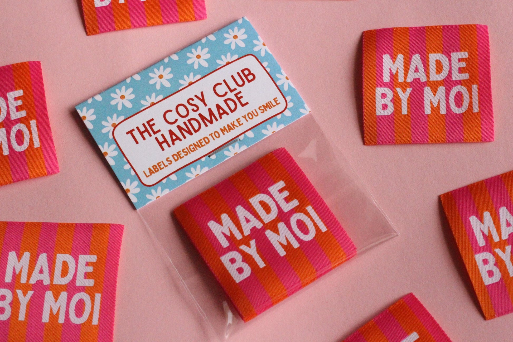 Woven Sewing Labels – Pink Orange Pack of 5 Labels “Made By Moi” Tags, Fun Clothing Labels for Handmade Projects, Knitting - The Cosy Club Handmade