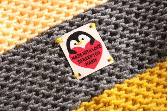 Woven KNITTING / CROCHET Labels – Pack of 5 “Made With Love To Keep You Warm” Interfaced Penguin Knitting Tags, Fabric Labels for Handmade - The Cosy Club Handmade