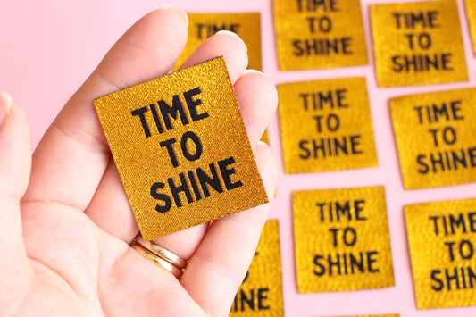 Metallic Gold Woven Sewing Labels – Pack of 5 “Time to Shine” Tags, Shiny Clothing Labels for Handmade Knitting, Crochet & Quilting - The Cosy Club Handmade