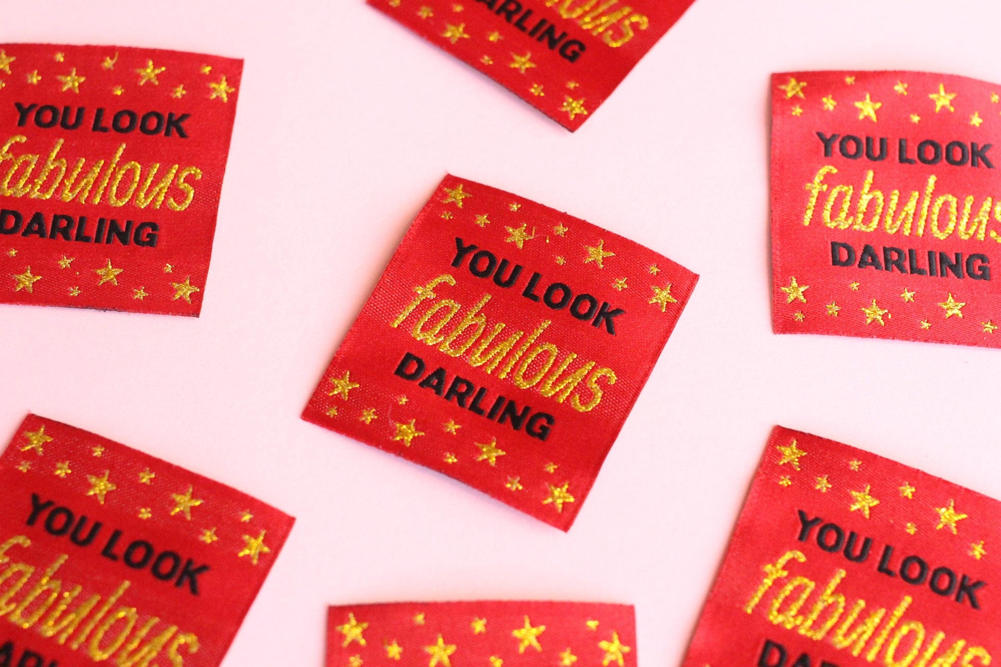 Metallic Gold Woven Sewing Labels – Pack of 5 “You Look Fabulous Darling” Tags, Handmade Clothing Labels for Crochet & Knitting - The Cosy Club Handmade