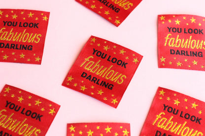 Metallic Gold Woven Sewing Labels – Pack of 5 “You Look Fabulous Darling” Tags, Handmade Clothing Labels for Crochet & Knitting - The Cosy Club Handmade